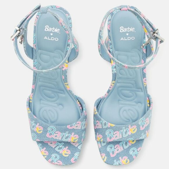 BRAND NEW ALDO BARBIE PARTY PRINTED  DENIM STRAPPY PLATFORM HEELED PLATF… G1 - Picture 13 of 16